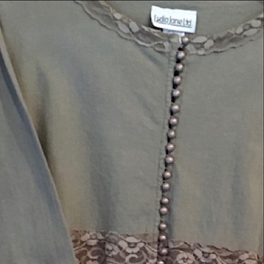 LYDIA JANE Vintage Lace Boho Top Long Sleeve Cotton Olive Khaki Green Size Large